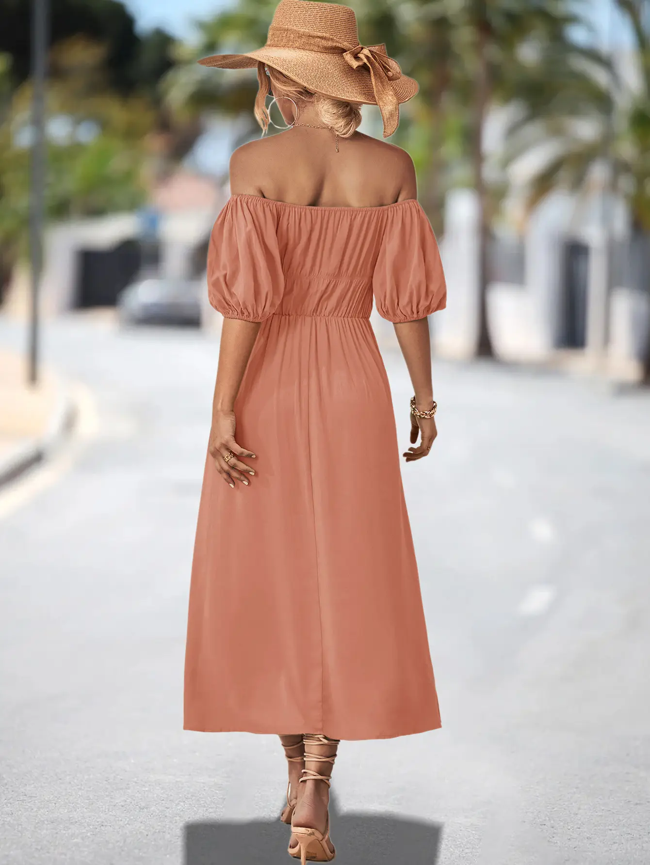 Off-Shoulder Cotton Dress for Women, Hot Peach Color, 2023 New — feature 20