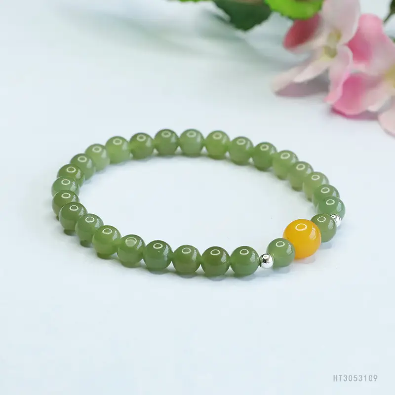 Guan Yu Jade Clear Water Bracelet with Amber Accent - Image 3