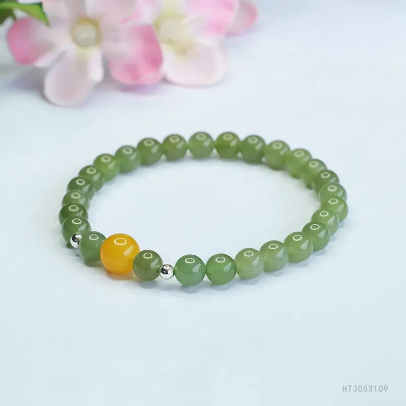 Guan Yu Jade Clear Water Bracelet with Amber Accent - Image 4