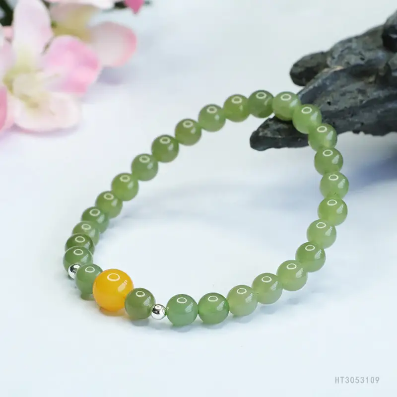Guan Yu Jade Clear Water Bracelet with Amber Accent - Image 5