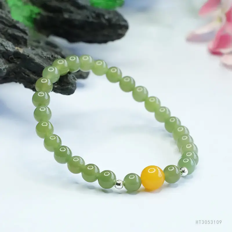 Guan Yu Jade Clear Water Bracelet with Amber Accent — feature 11
