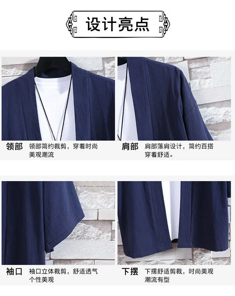 Men Japanese Style Sunscreen Suit Navy Blue 7-Sleeve — feature 3