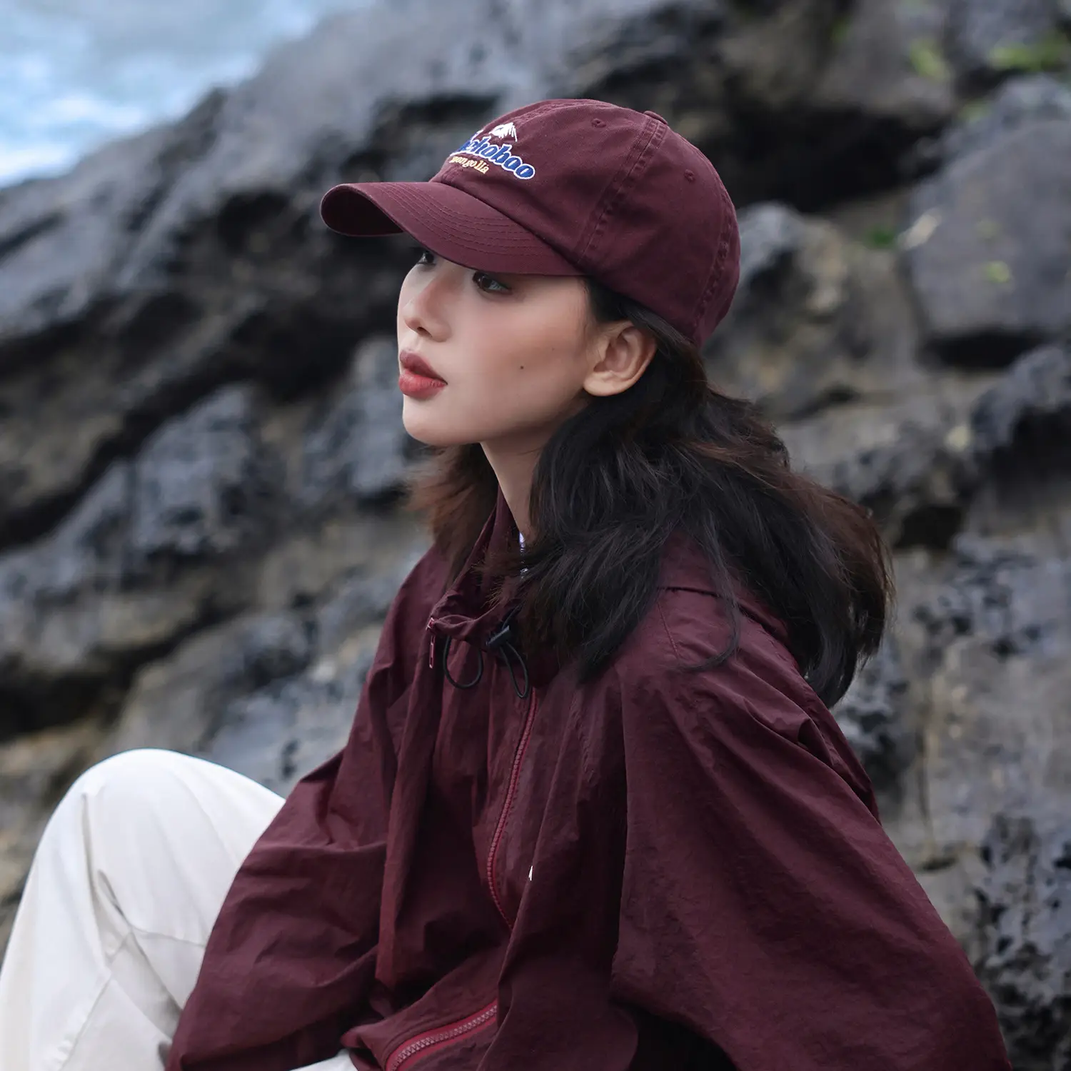 Maroon Embroidered Peaked Cap for Women Summer