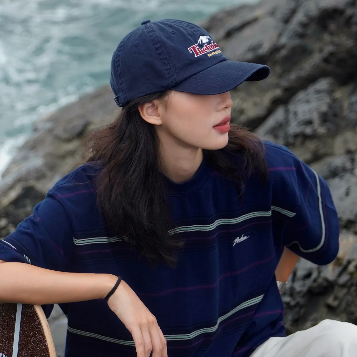 Maroon Embroidered Peaked Cap for Women Summer