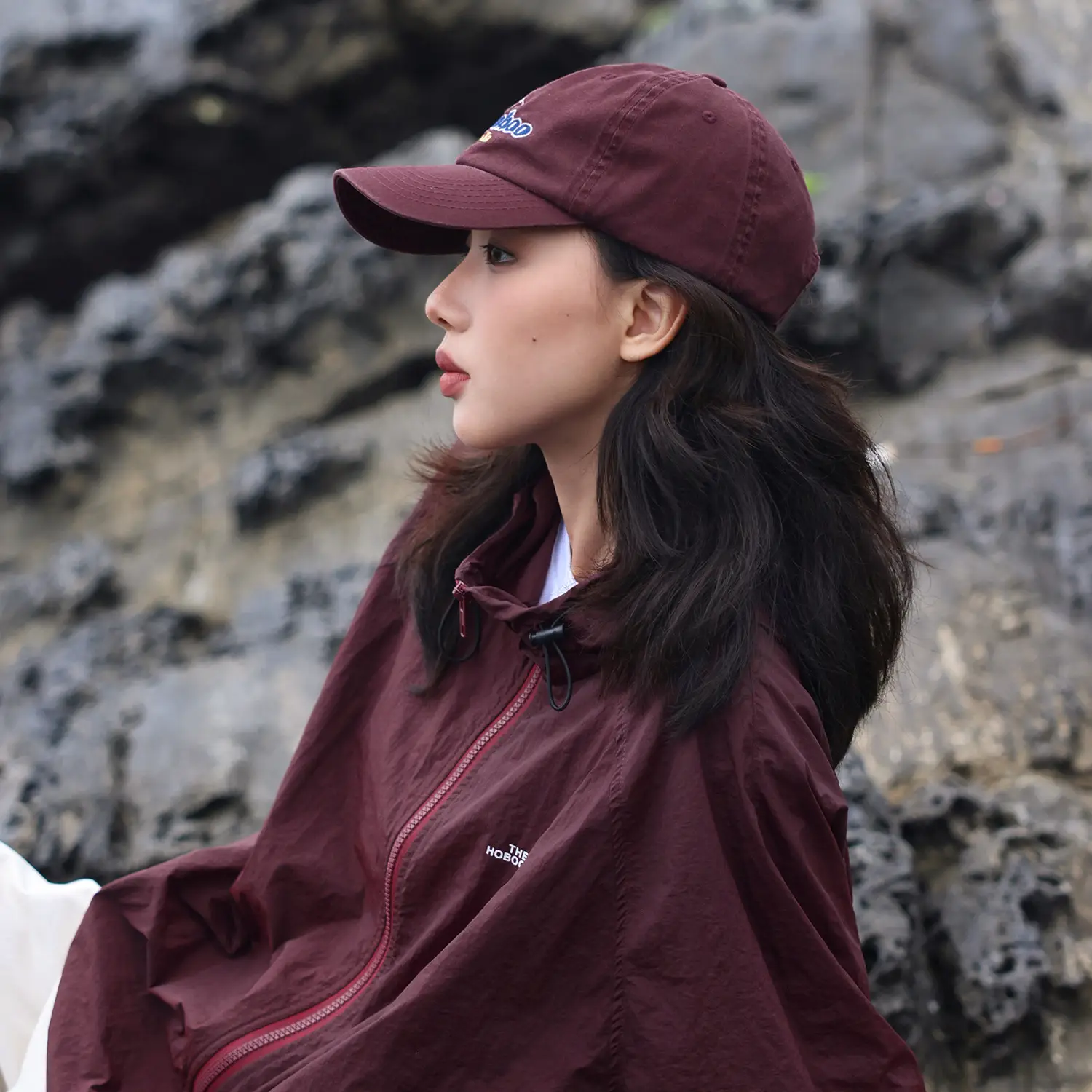 Maroon Embroidered Peaked Cap for Women Summer