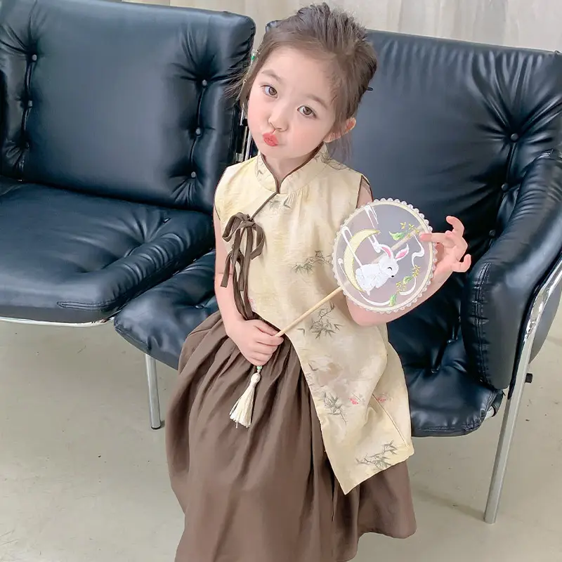 Girls Cheongsam Set Summer 2025 New Hanfu Skirt Brown - Image 3
