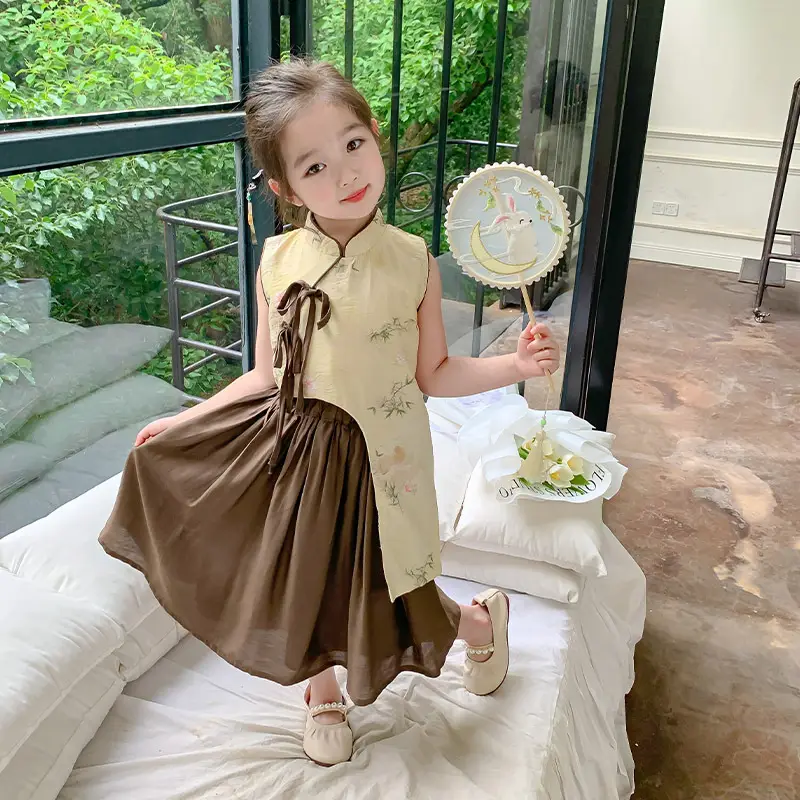 Girls Cheongsam Set Summer 2025 New Hanfu Skirt Brown - Image 4