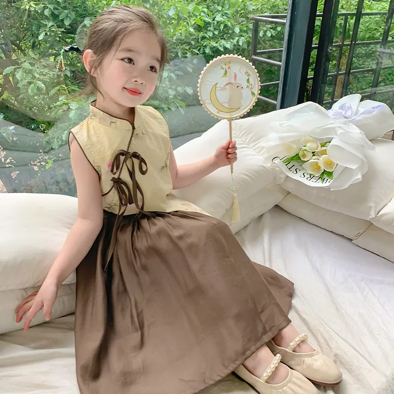 Girls Cheongsam Set Summer 2025 New Hanfu Skirt Brown - Image 5