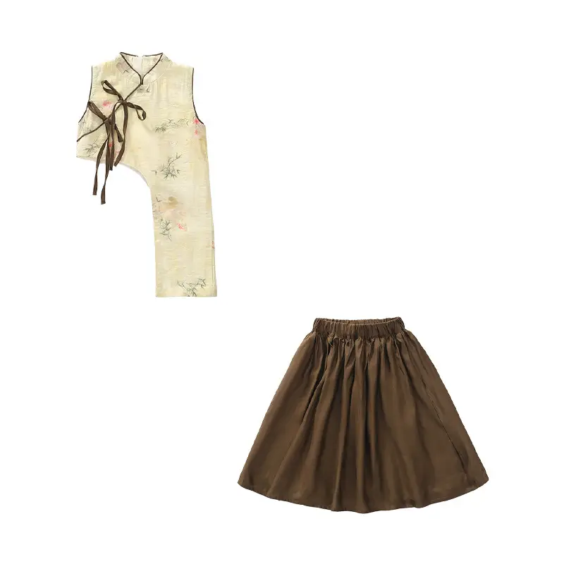 Girls Cheongsam Set Summer 2025 New Hanfu Skirt Brown - Image 6