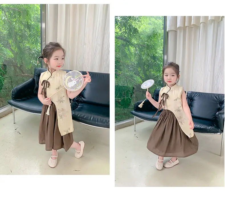 Girls Cheongsam Set Summer 2025 New Hanfu Skirt Brown — feature 11