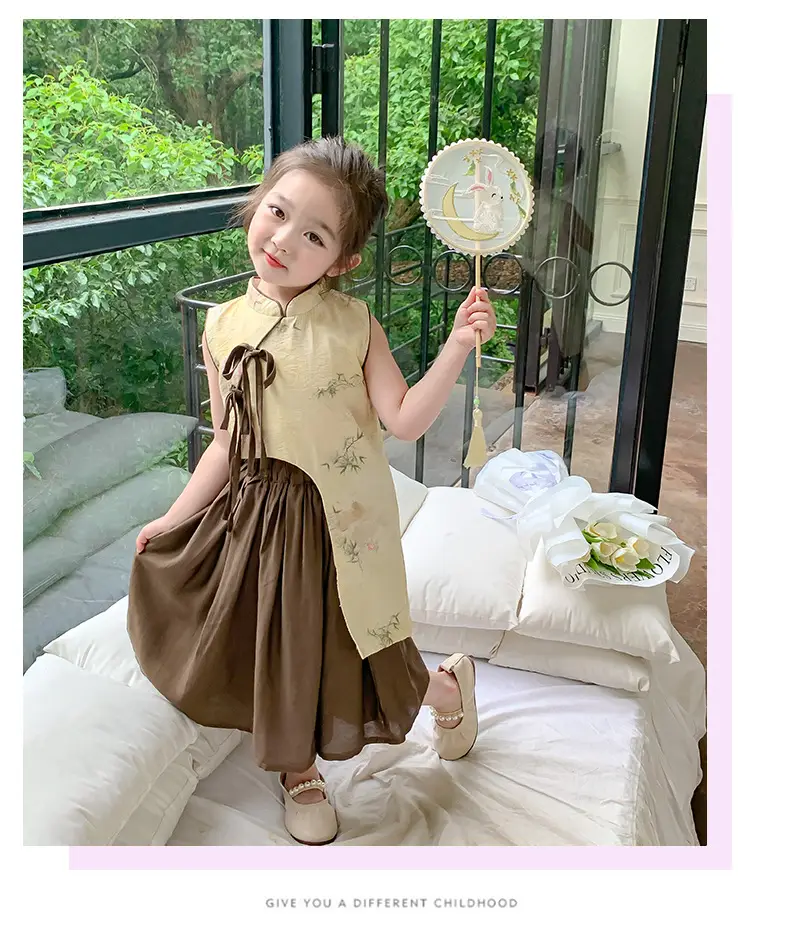 Girls Cheongsam Set Summer 2025 New Hanfu Skirt Brown — feature 15