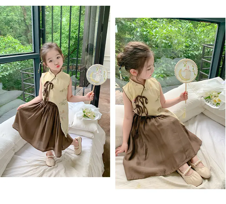 Girls Cheongsam Set Summer 2025 New Hanfu Skirt Brown — feature 16