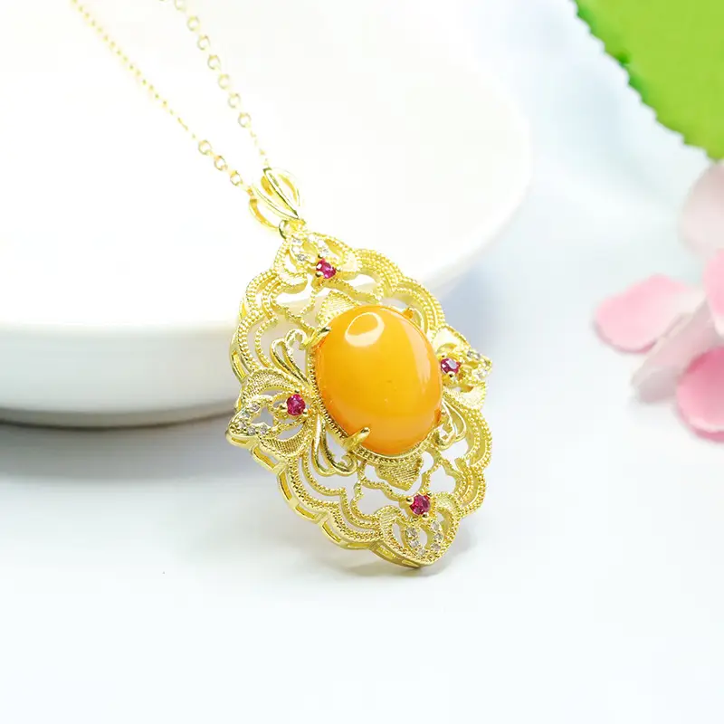 Natural Amber Pendant Necklace Vintage Gold Old Beeswax