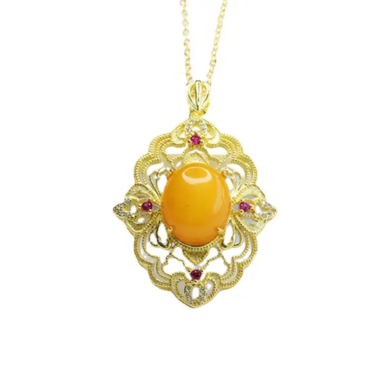 Natural Amber Pendant Necklace Vintage Gold Old Beeswax