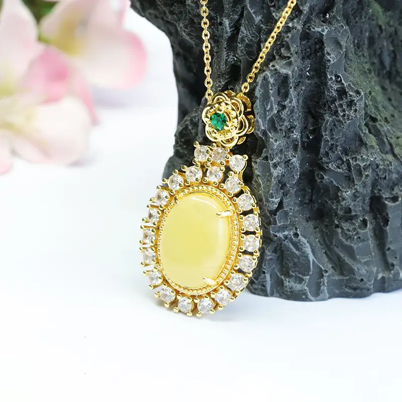 Guan Yu Natural Amber Pendant Necklace with Diamonds for Women - Image 3