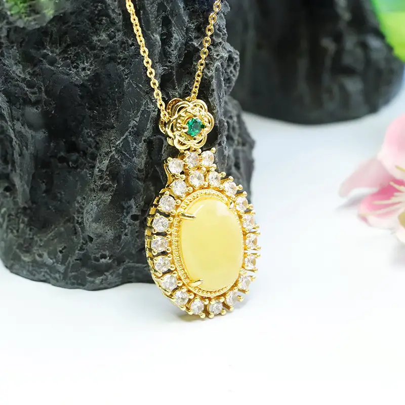 Guan Yu Natural Amber Pendant Necklace with Diamonds for Women - Image 4