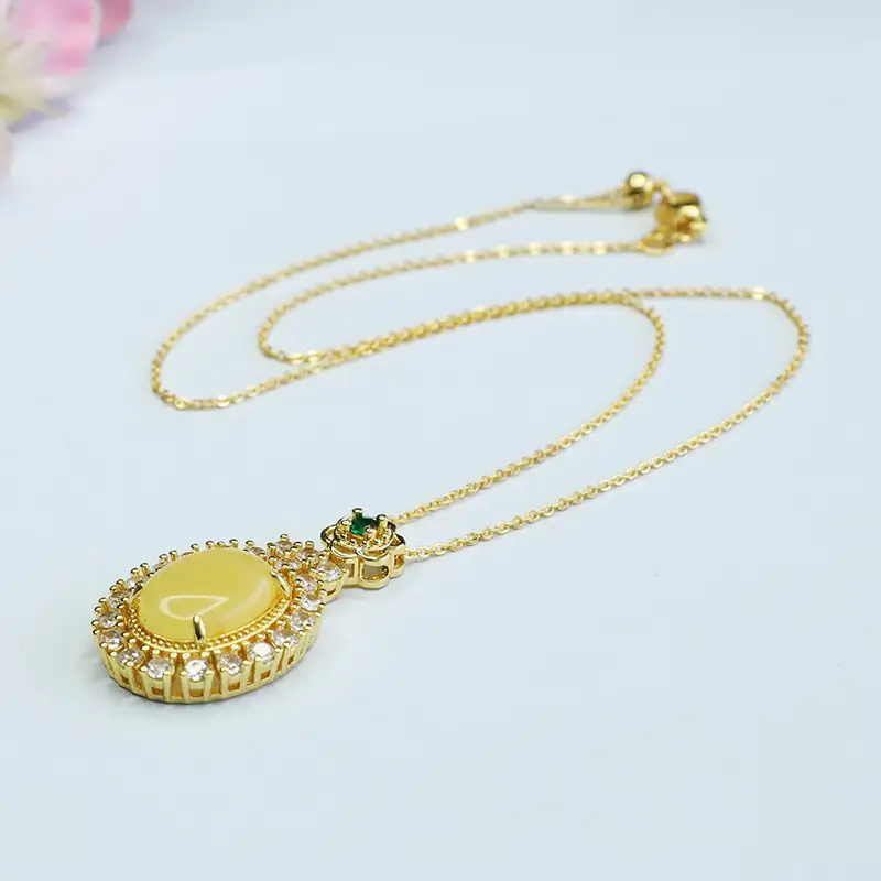 Guan Yu Natural Amber Pendant Necklace with Diamonds for Women - Image 5