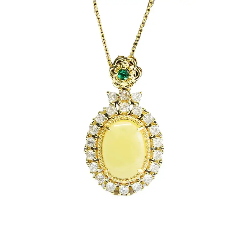 Guan Yu Natural Amber Pendant Necklace with Diamonds for Women - Image 6