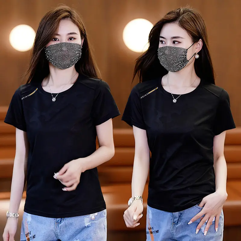 Women Black Printed T-Shirt Short Sleeve Stretch All Fit
