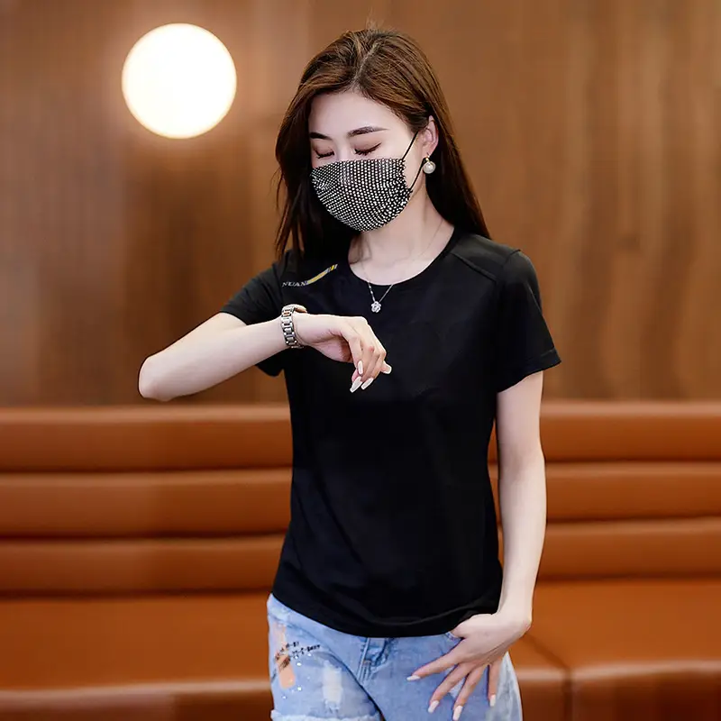 Women Black Printed T-Shirt Short Sleeve Stretch All Fit