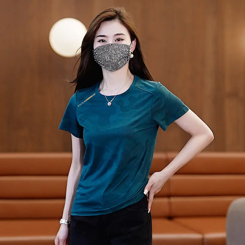 Women Black Printed T-Shirt Short Sleeve Stretch All Fit