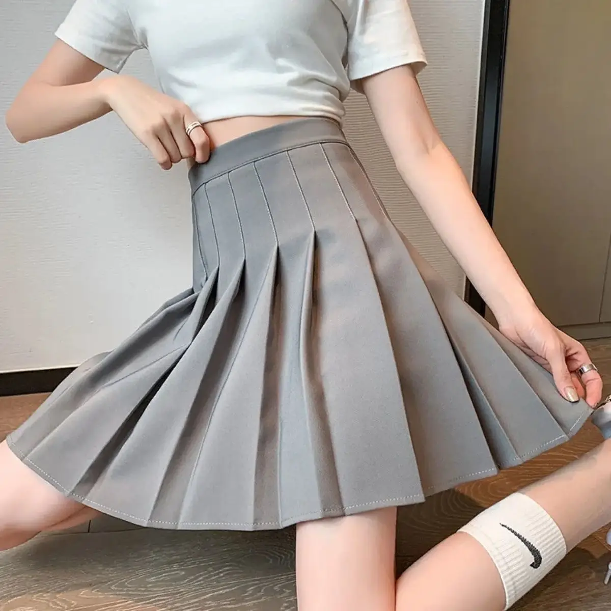 Women Pleated Skirt Grey High Waist A-Line Four Season