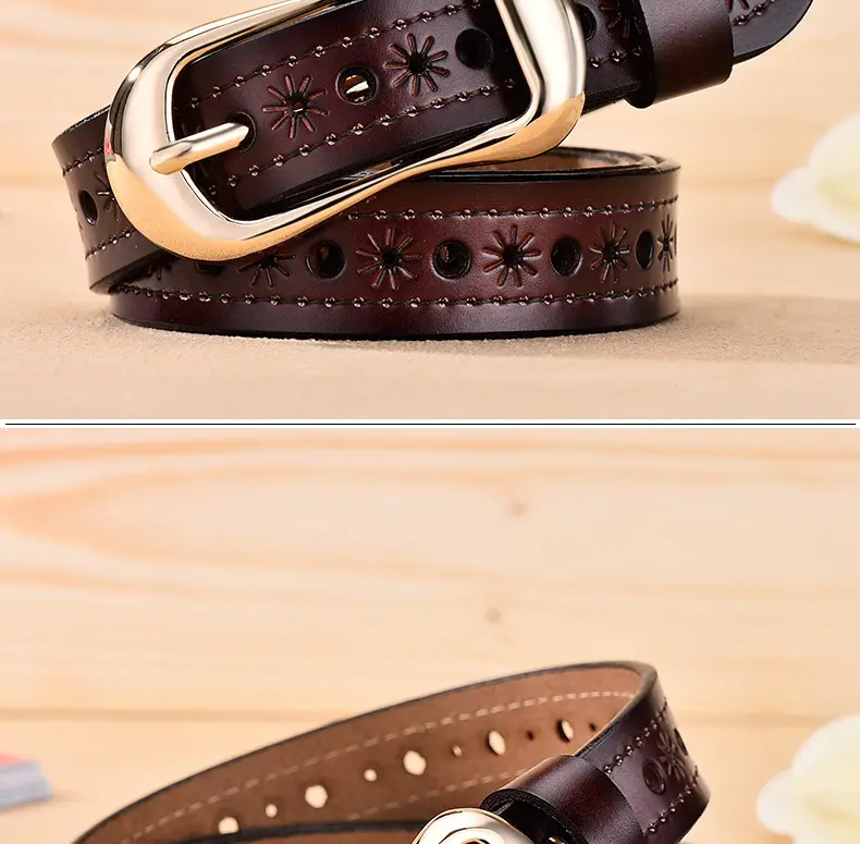 Women's White Hollow Buckle Leather Belt β feature 21