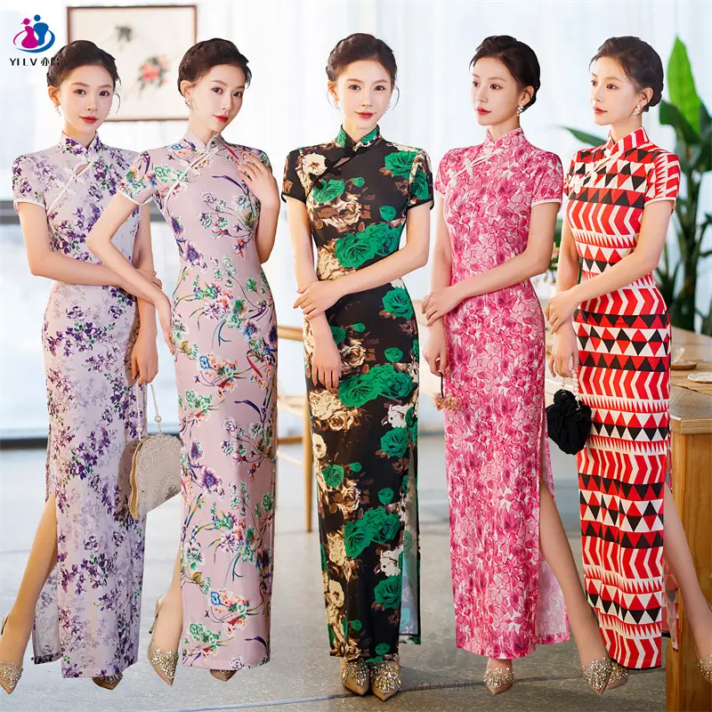 Retro Ethnic Cheongsam Dress 2023 Summer Green Floral - Image 13