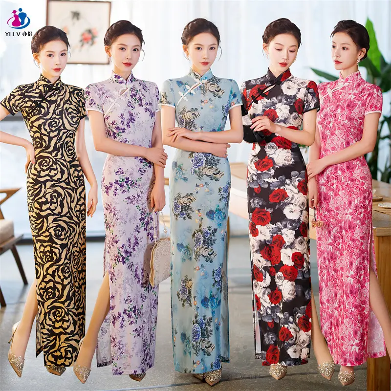 Retro Ethnic Cheongsam Dress 2023 Summer Green Floral - Image 14