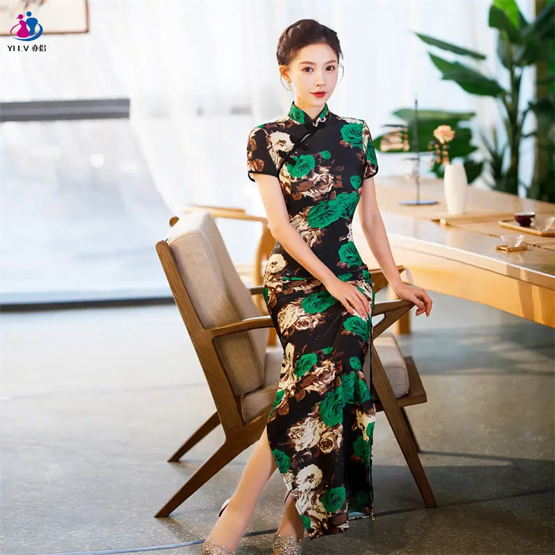 Retro Ethnic Cheongsam Dress 2023 Summer Green Floral - Image 15