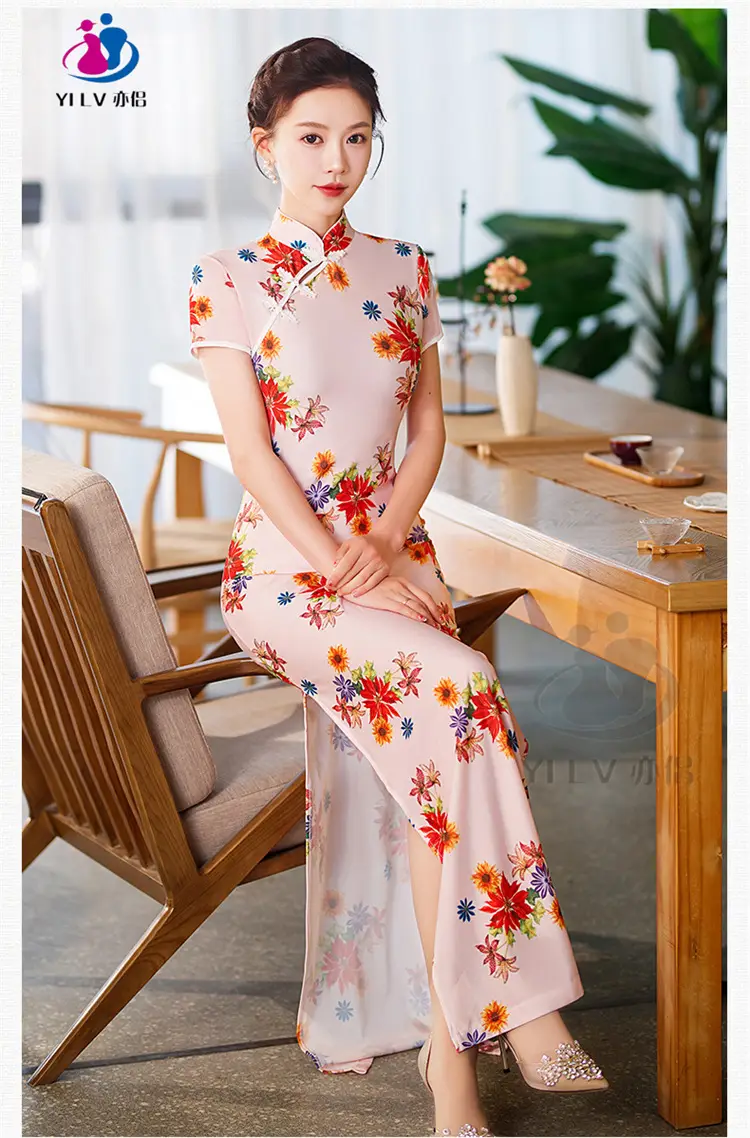 Retro Ethnic Cheongsam Dress 2023 Summer Green Floral — feature 14