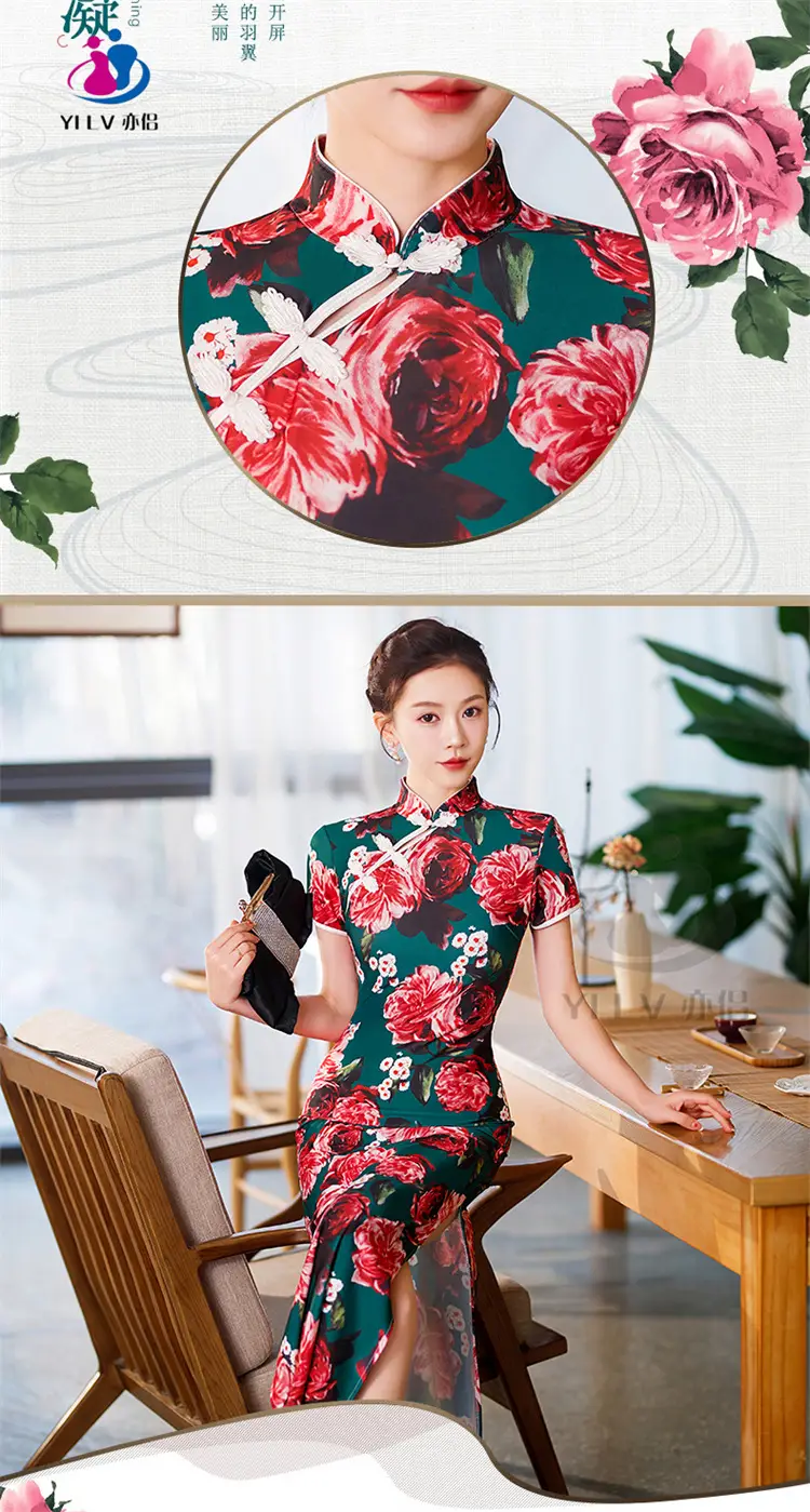 Retro Ethnic Cheongsam Dress 2023 Summer Green Floral — feature 4