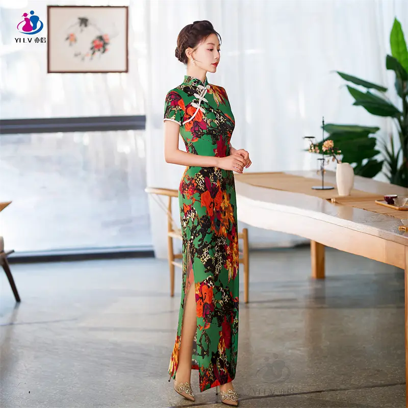 Retro Ethnic Cheongsam Dress 2023 Summer Green Floral - Image 10