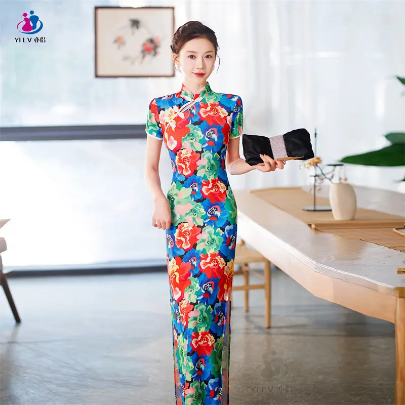 Retro Ethnic Cheongsam Dress 2023 Summer Green Floral - Image 11