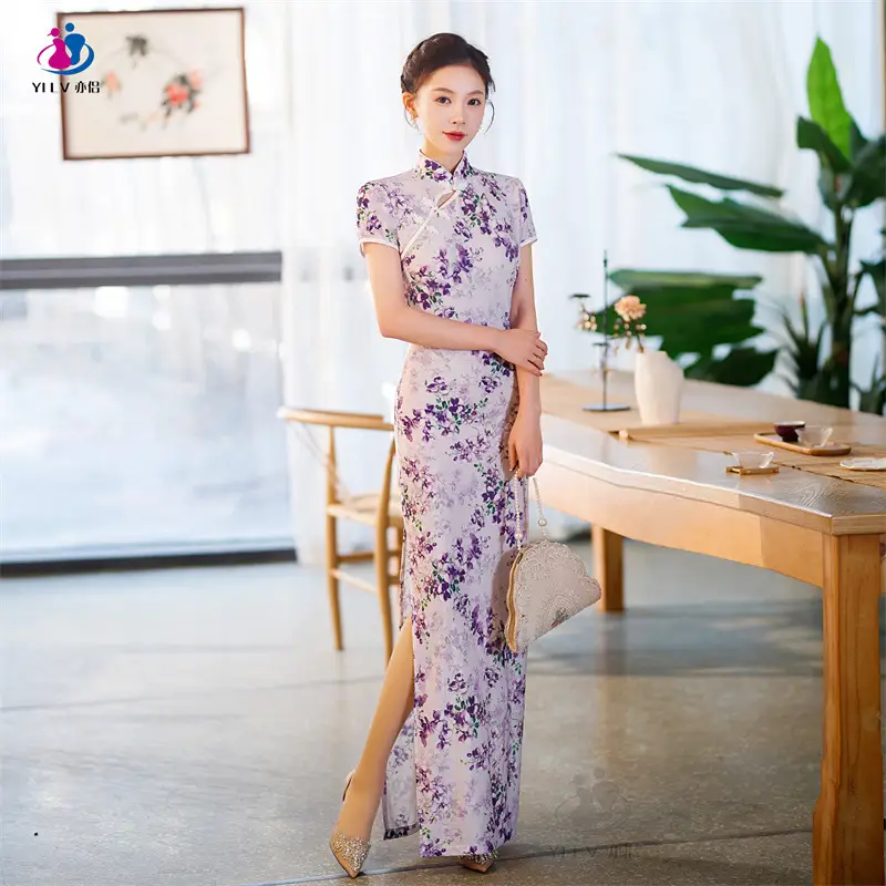 Retro Ethnic Cheongsam Dress 2023 Summer Green Floral - Image 2