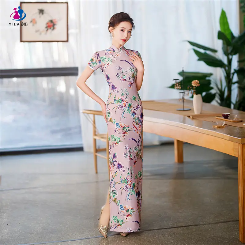 Retro Ethnic Cheongsam Dress 2023 Summer Green Floral - Image 4