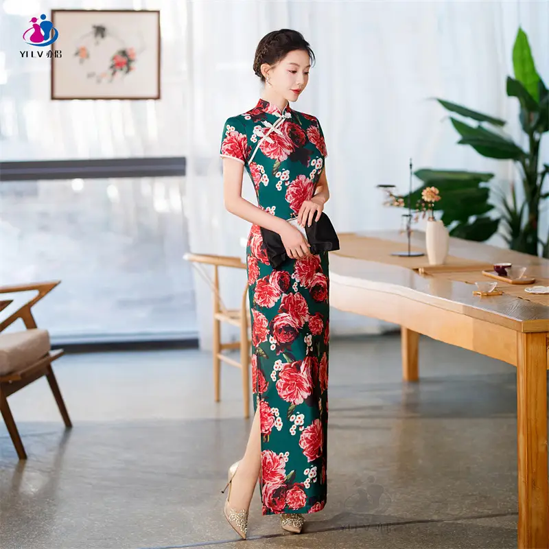 Retro Ethnic Cheongsam Dress 2023 Summer Green Floral - Image 5