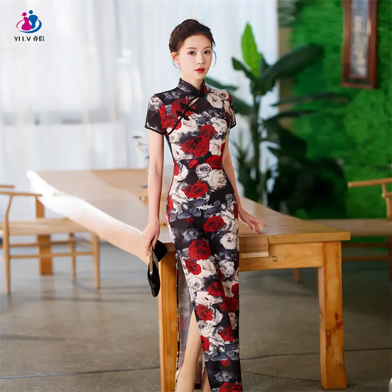 Retro Ethnic Cheongsam Dress 2023 Summer Green Floral - Image 6