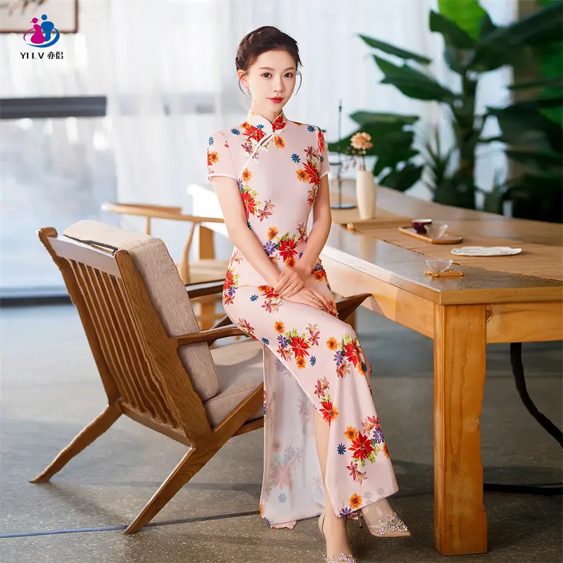 Retro Ethnic Cheongsam Dress 2023 Summer Green Floral - Image 7