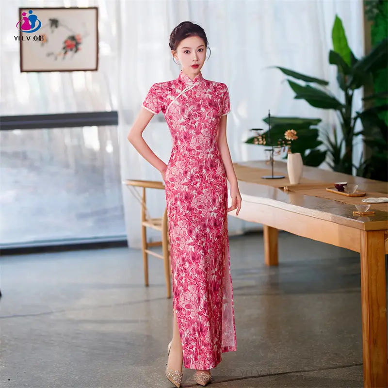 Retro Ethnic Cheongsam Dress 2023 Summer Green Floral - Image 8