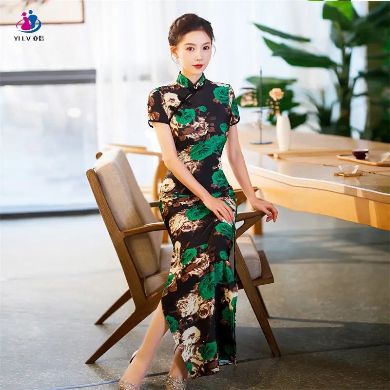 Retro Ethnic Cheongsam Dress 2023 Summer Green Floral - Image 9