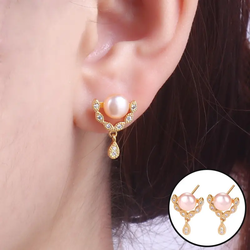 Natural Freshwater Pearl Triangular Zircon Earrings for Women - Image 8