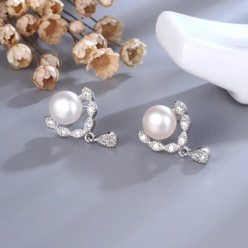 Natural Freshwater Pearl Triangular Zircon Earrings for Women - Image 3