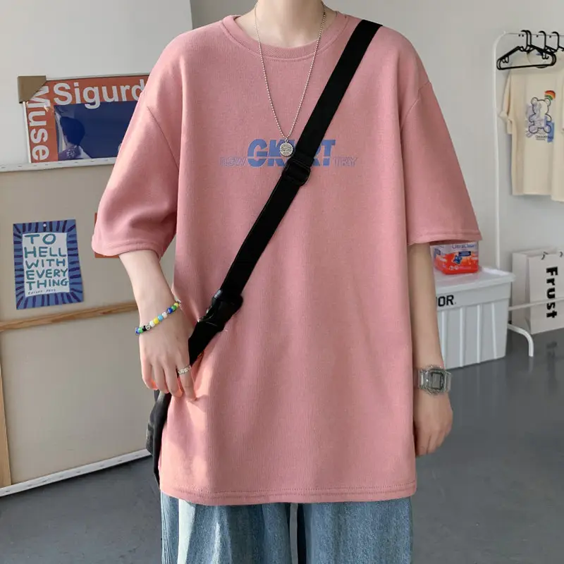 Pink Loose Fit Men's T-Shirt with Brand Letter Print - Image 11