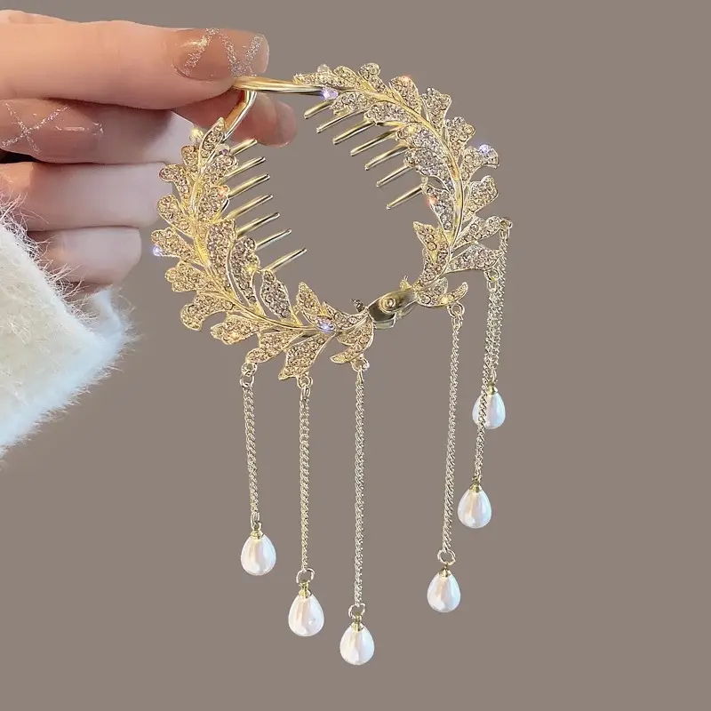 Pearl Rhinestone Wheat Fringe Hairpin Women's Back of Head Ball Head Disc Hair Artifact - Image 4