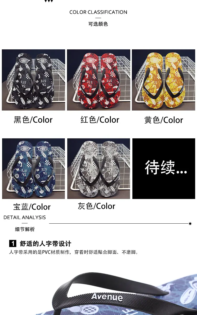 Korean Style Men's Blue Printed Flip Flops Wholesale — feature 3