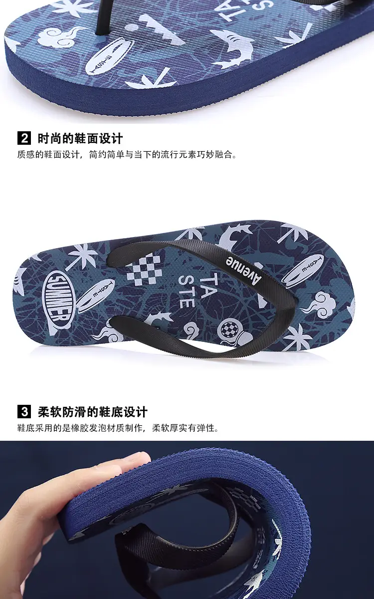 Korean Style Men's Blue Printed Flip Flops Wholesale — feature 4