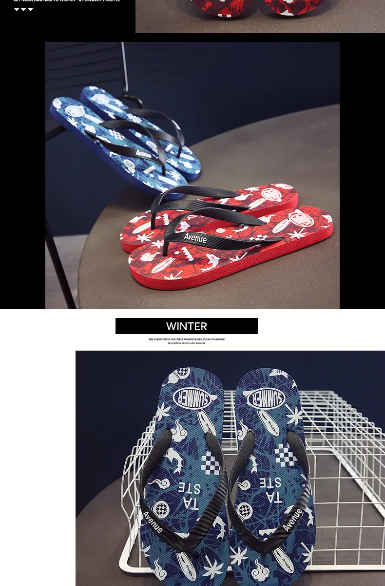 Korean Style Men's Blue Printed Flip Flops Wholesale — feature 7