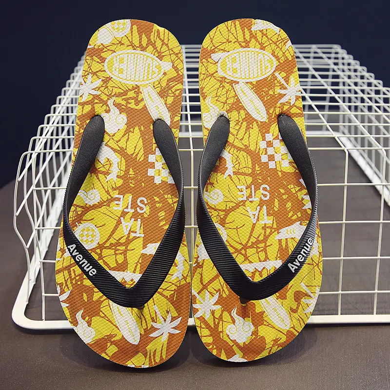 Korean Style Men's Blue Printed Flip Flops Wholesale