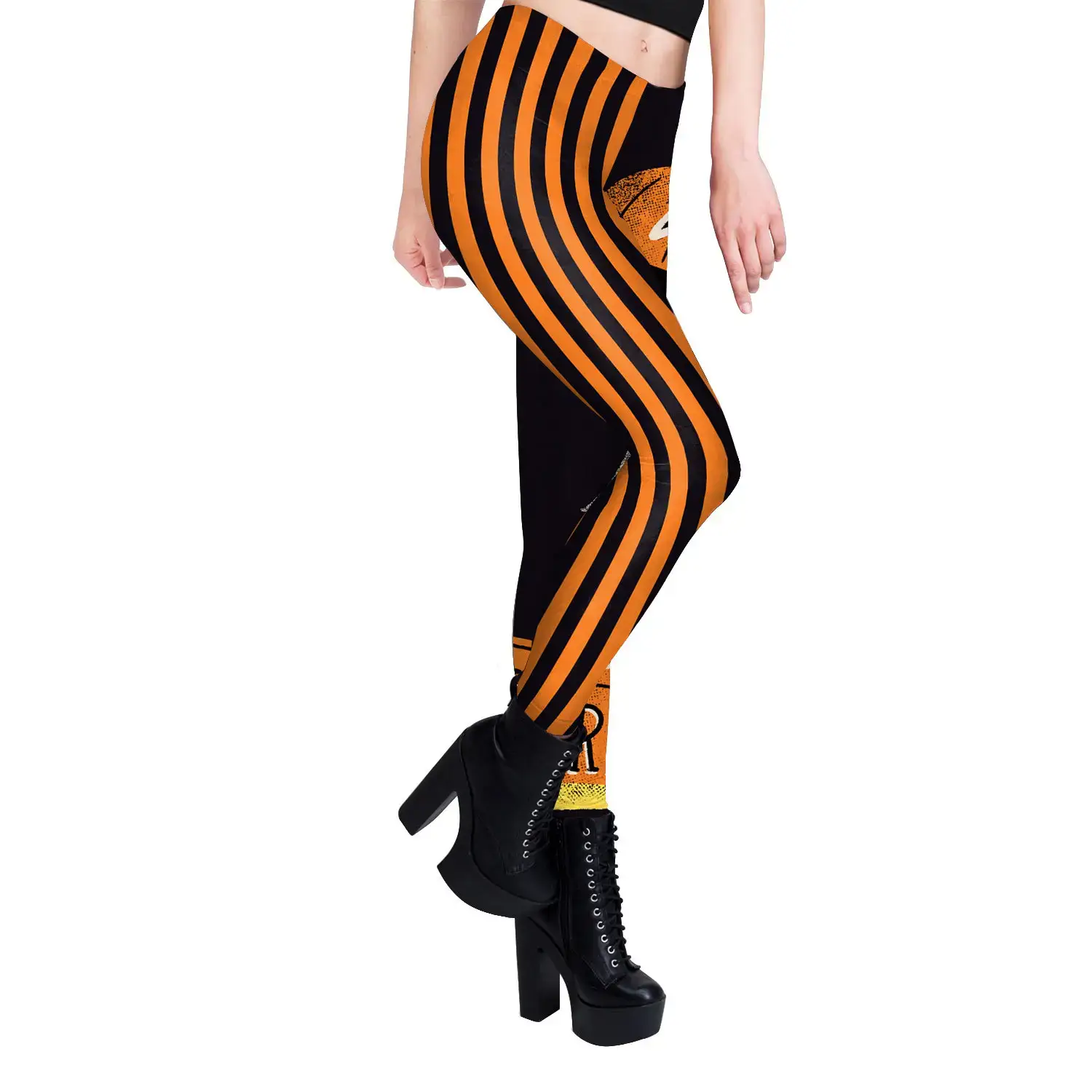 Women's Orange Black Striped Yoga Leggings with Boot - Image 7